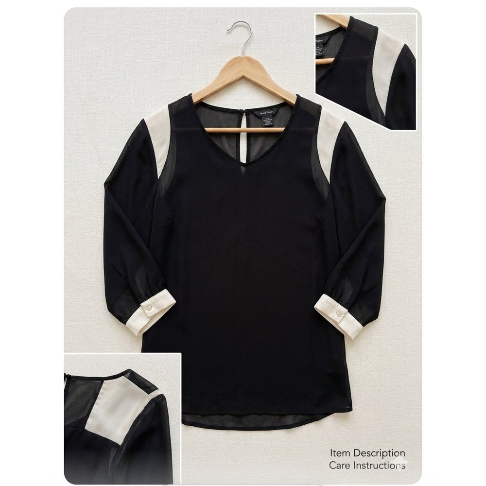 Bluebell Womens Black Sheer Colorblock Blouse V-Neck 3/4 Sleeve Top Cream Accent